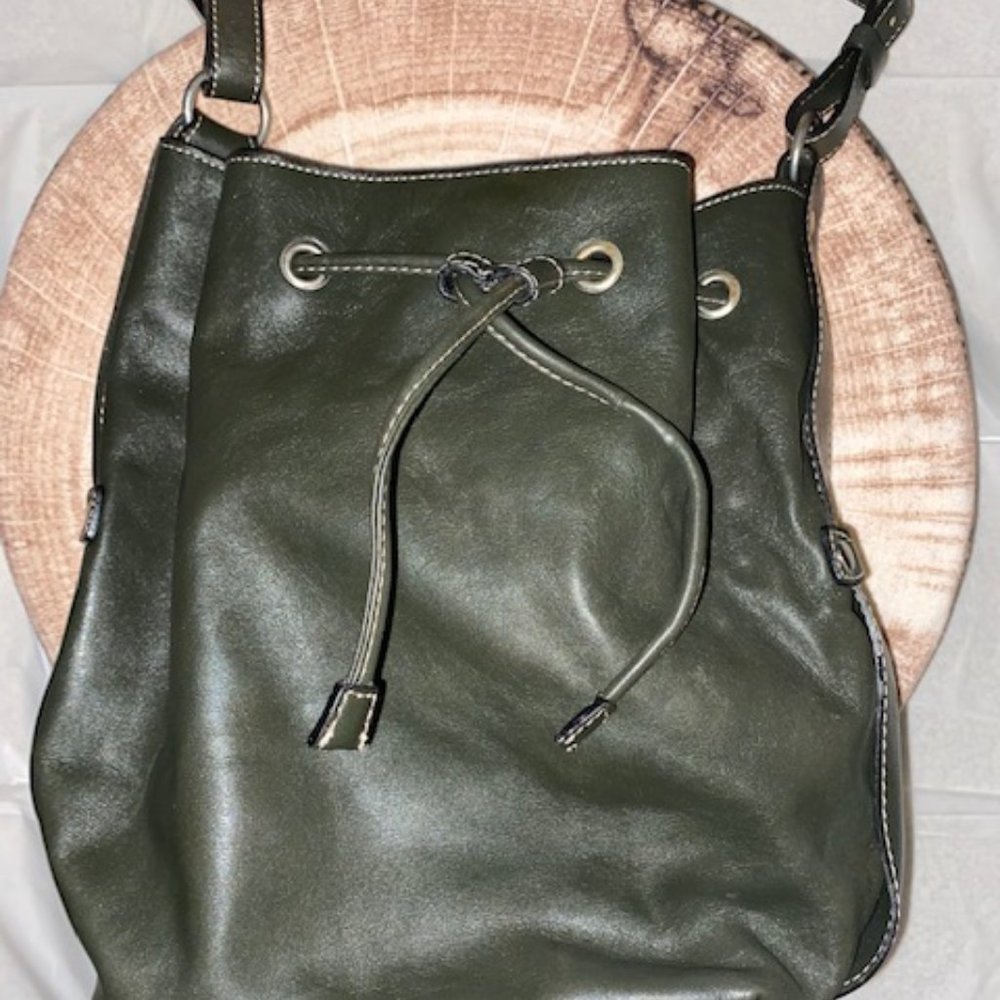 Talbots Leather Bucket Bag with Adjustable Strap and Drawstring in Pine Green